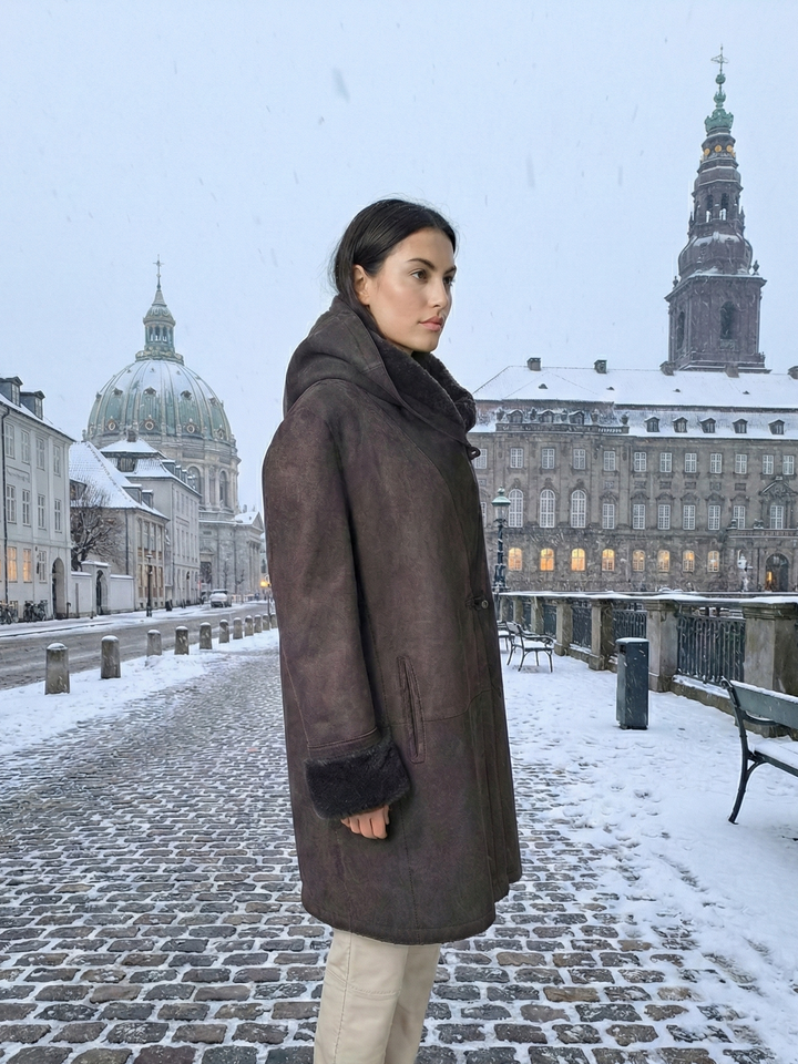 969, 90 cm. - Hætte - Ruskindslam - Damer - Mørkebrun