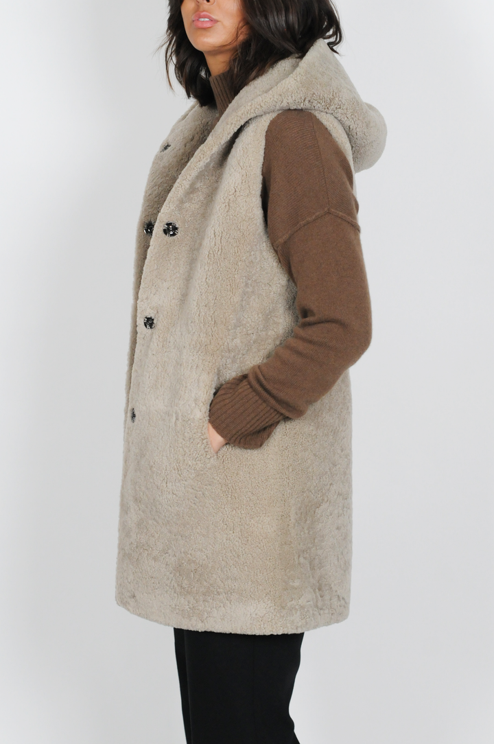 Germina Vest, 86 cm. - Hood - Curly Lamb - Women - Grey