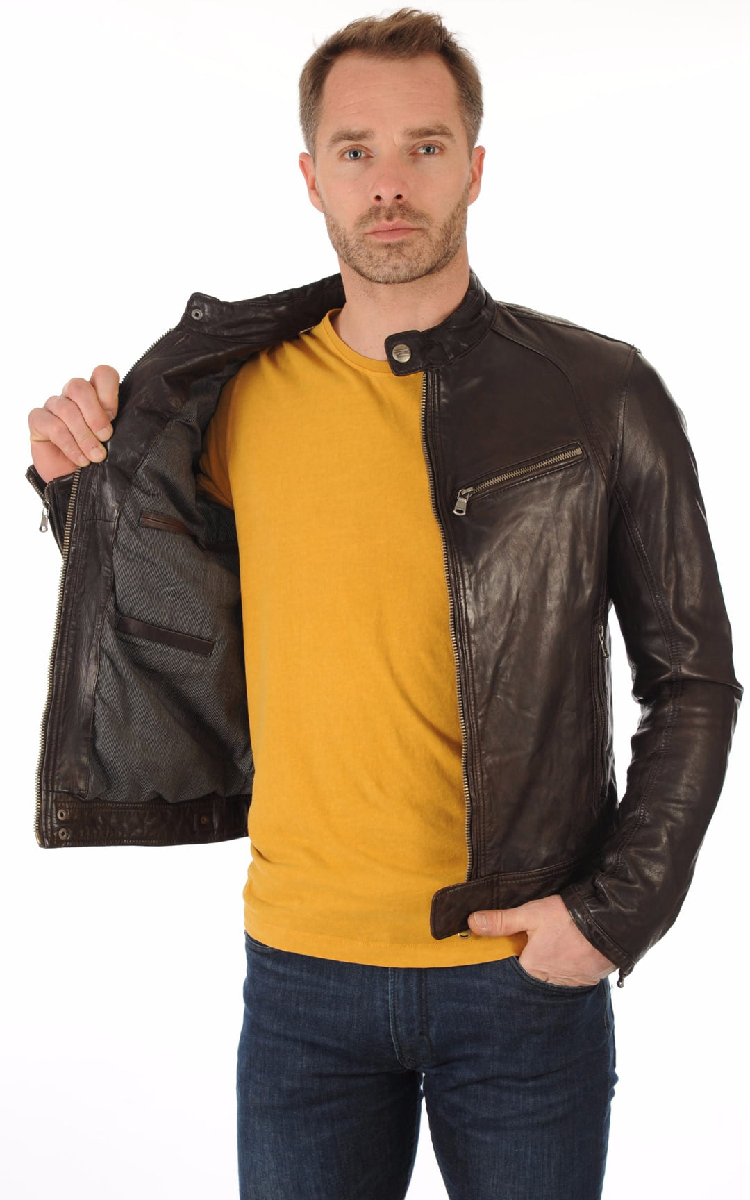 Blouson cuir homme Daytona 73, modèle Dustin 100233 de couleur Marron - vue intérieure