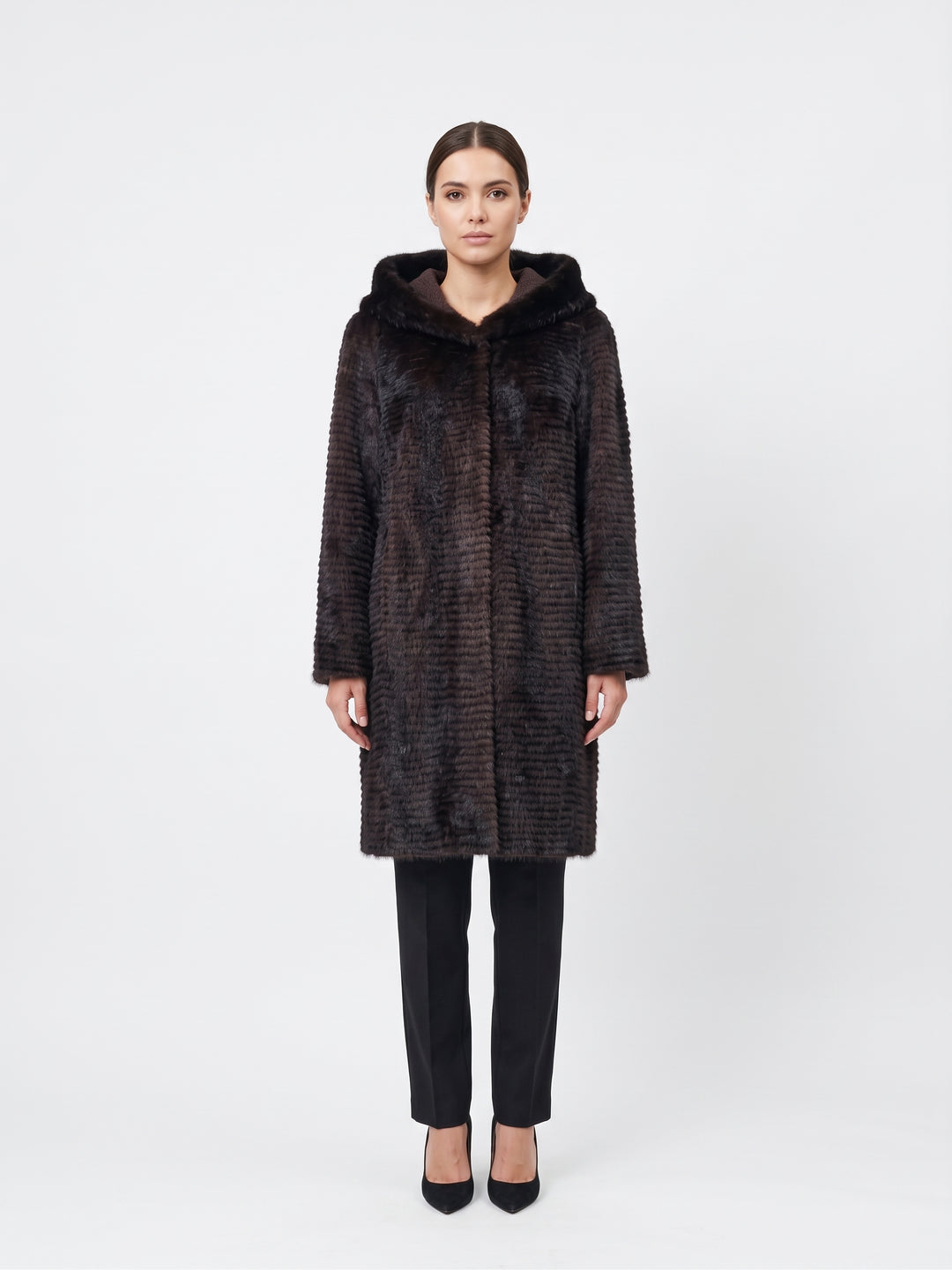 Juvignac, 95 cm. - Hood Mink & Wool - Women Mahogany