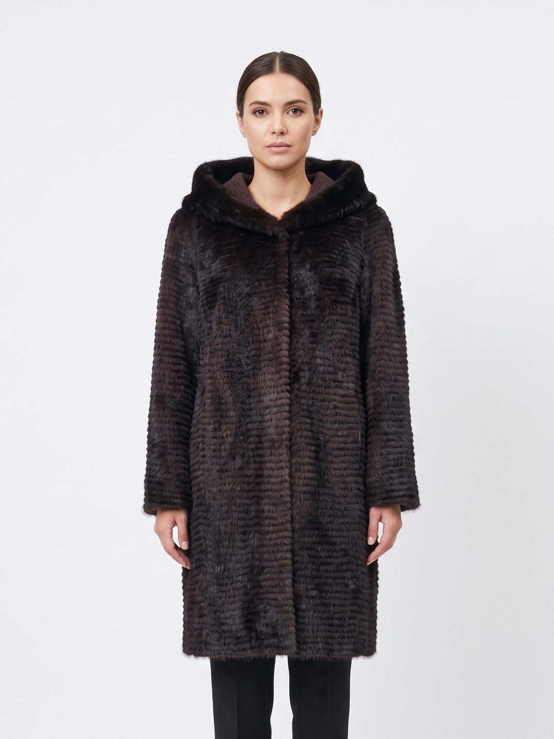 Juvignac, 95 cm. - Hood Mink & Wool - Women Mahogany