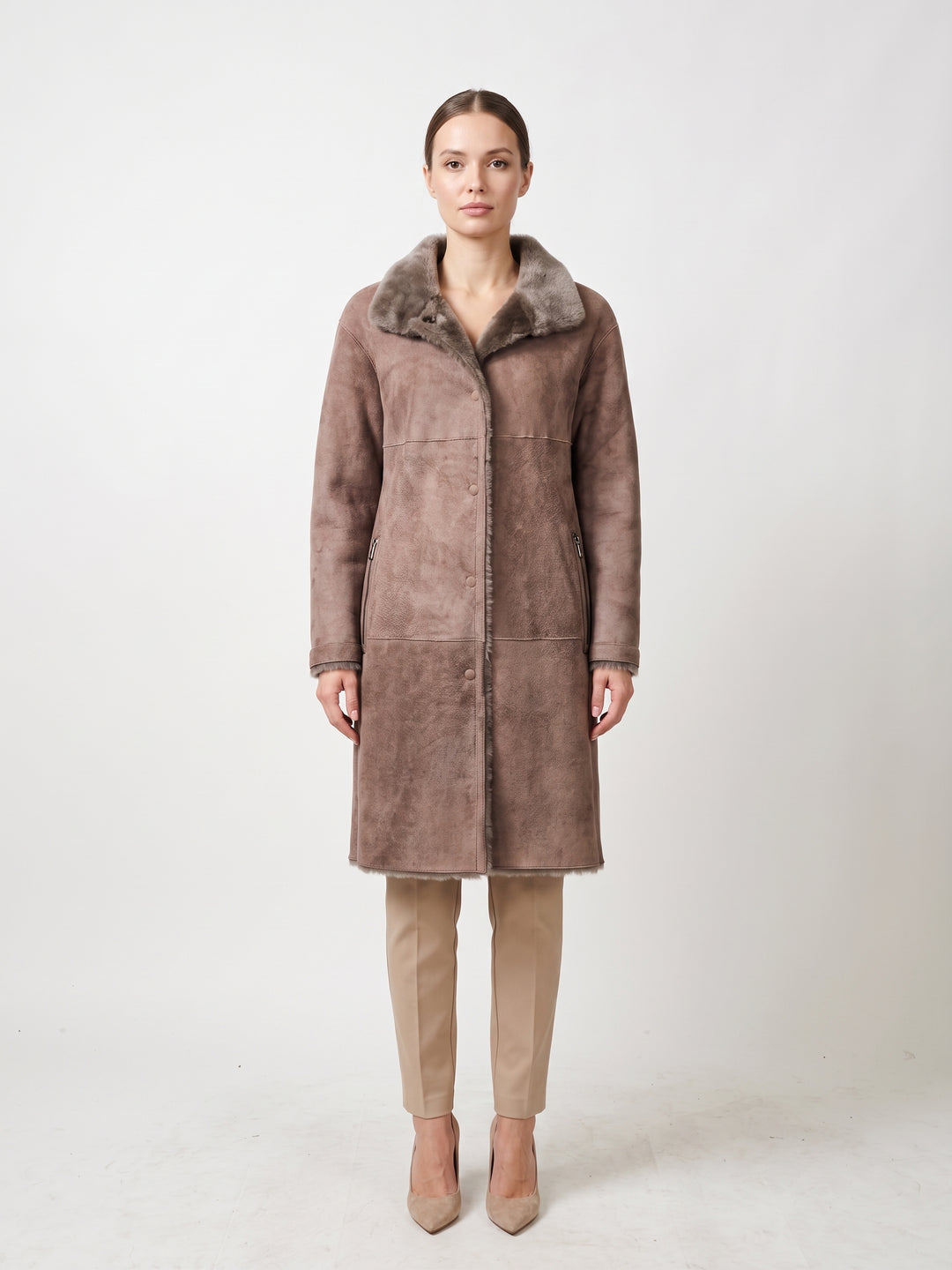 Giorgiana, 95 cm. - Collar Suede Lamb - Women Dark Oak