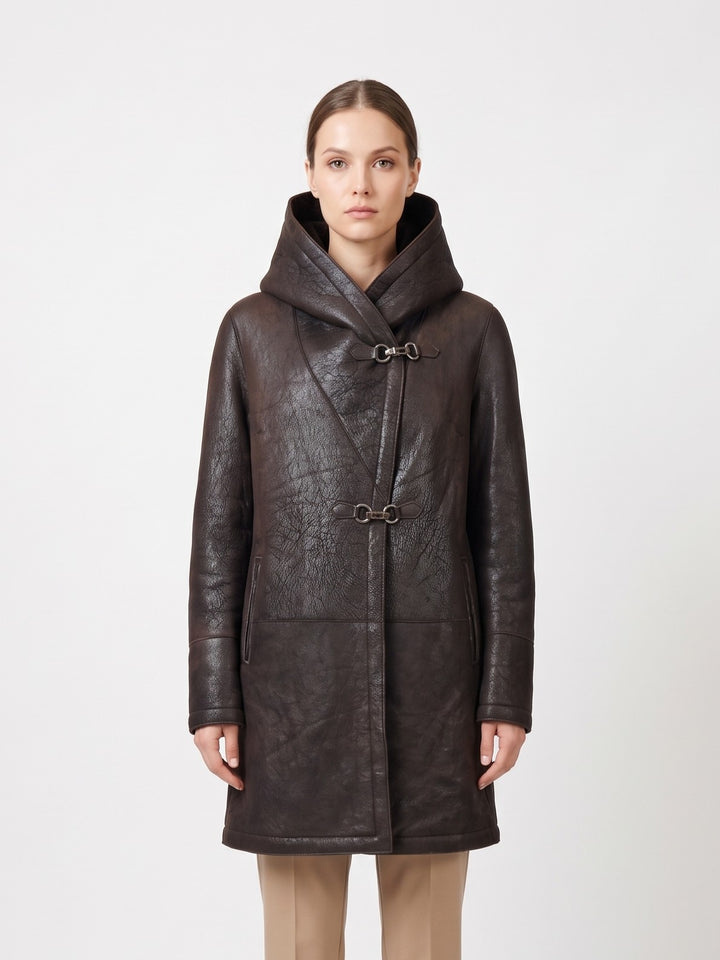 969, 90 cm. - Kapuze - Nappa Lamb Crack - Damen - Braun / Lamme Pels - Levinsky - Kvinde