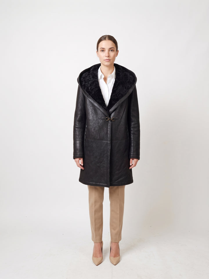 969, 90 cm. - Kapuze - Nappa Lamb Crack - Damen - Braun / Lamme Pels - Levinsky - Kvinde