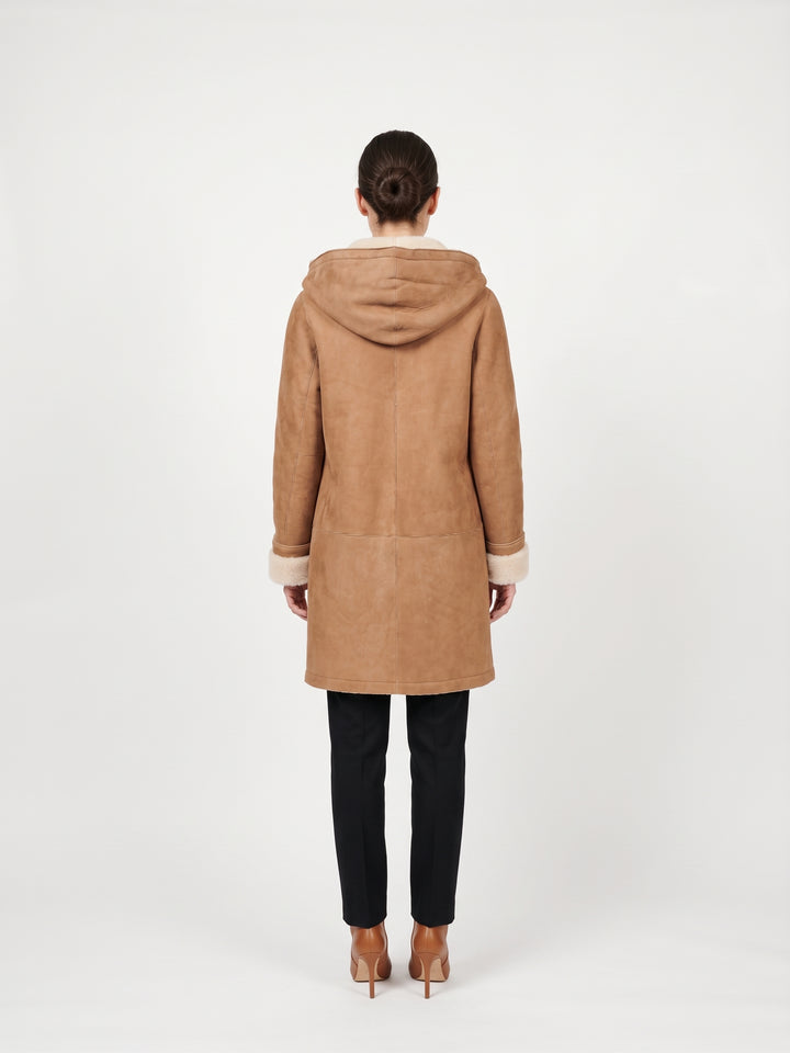 969, 90 cm. - Capuchon - Suède jas van lamsschapen - Dames - Cognac