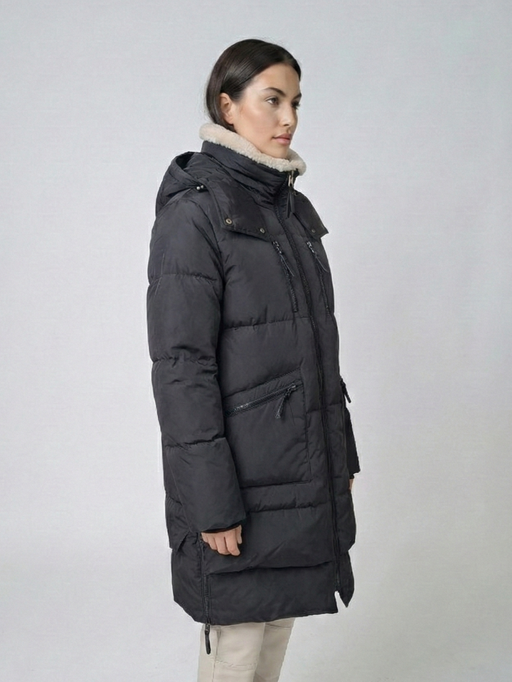 Heva, 90 cm. - Hood - Down Jacket - Vrouwen - Zwart