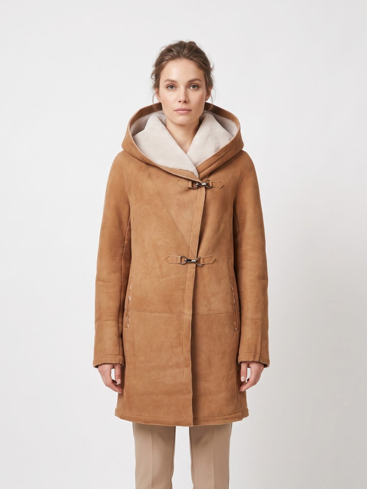 969, 90 cm. - Huva - Lammjacka i mocka - Dam - Cognac