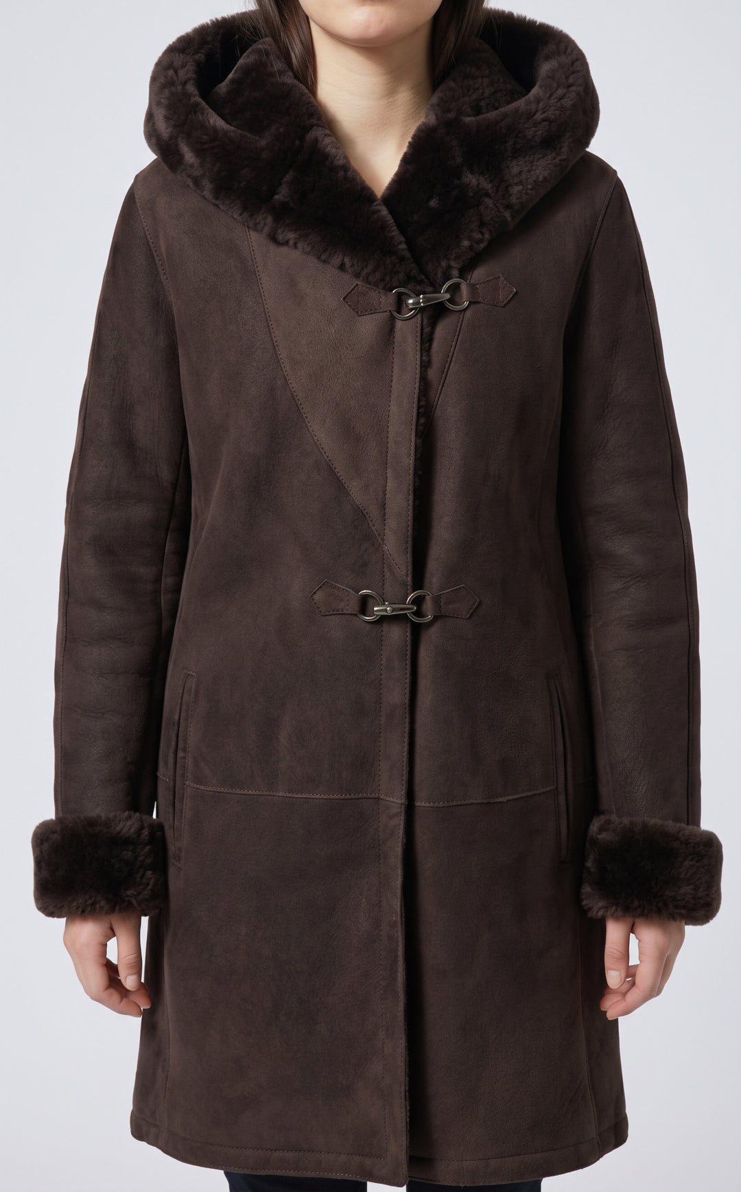 969,90cm. - Cappuccio - Agnello scamosciato - Donna - Marrone scuro