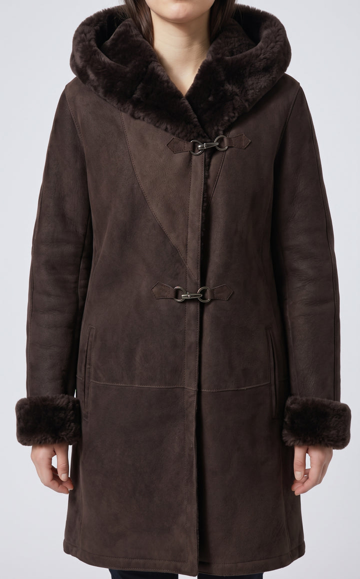 969,90cm. - Cappuccio - Agnello scamosciato - Donna - Marrone scuro