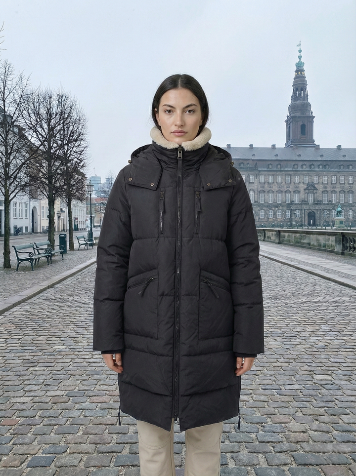 Heva, 90 cm. - Hood - Down Jacket - Vrouwen - Zwart