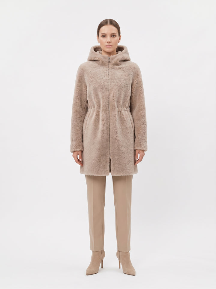 Delaney, 87 cm. - Hood Curly Lamb - Women Dark Beige