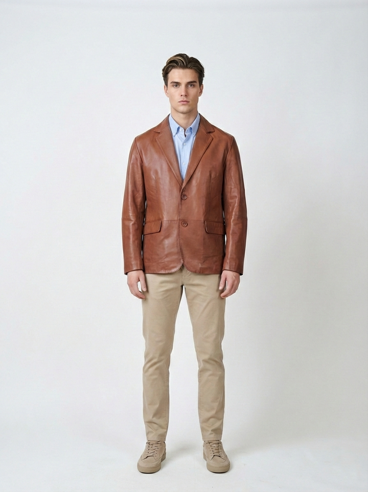 Rafel Blazer - Lamb Malli Leather - Man - Dark Tan