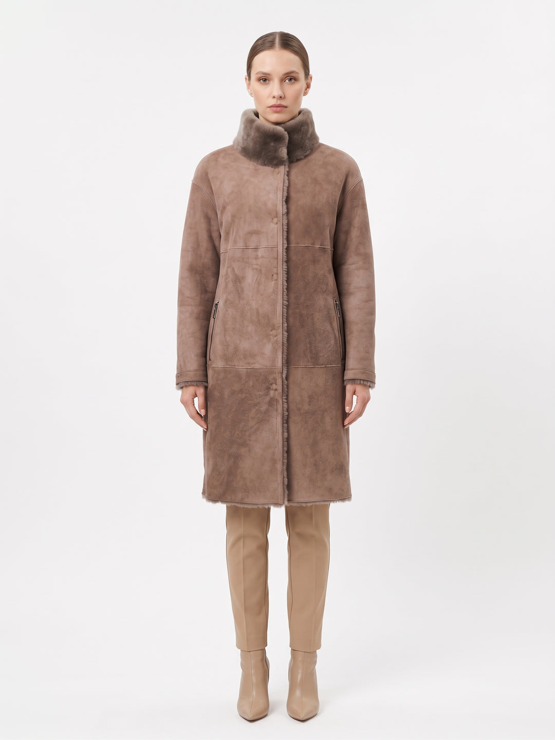 Giorgiana, 95 cm. - Collar Suede Lamb - Women Dark Oak