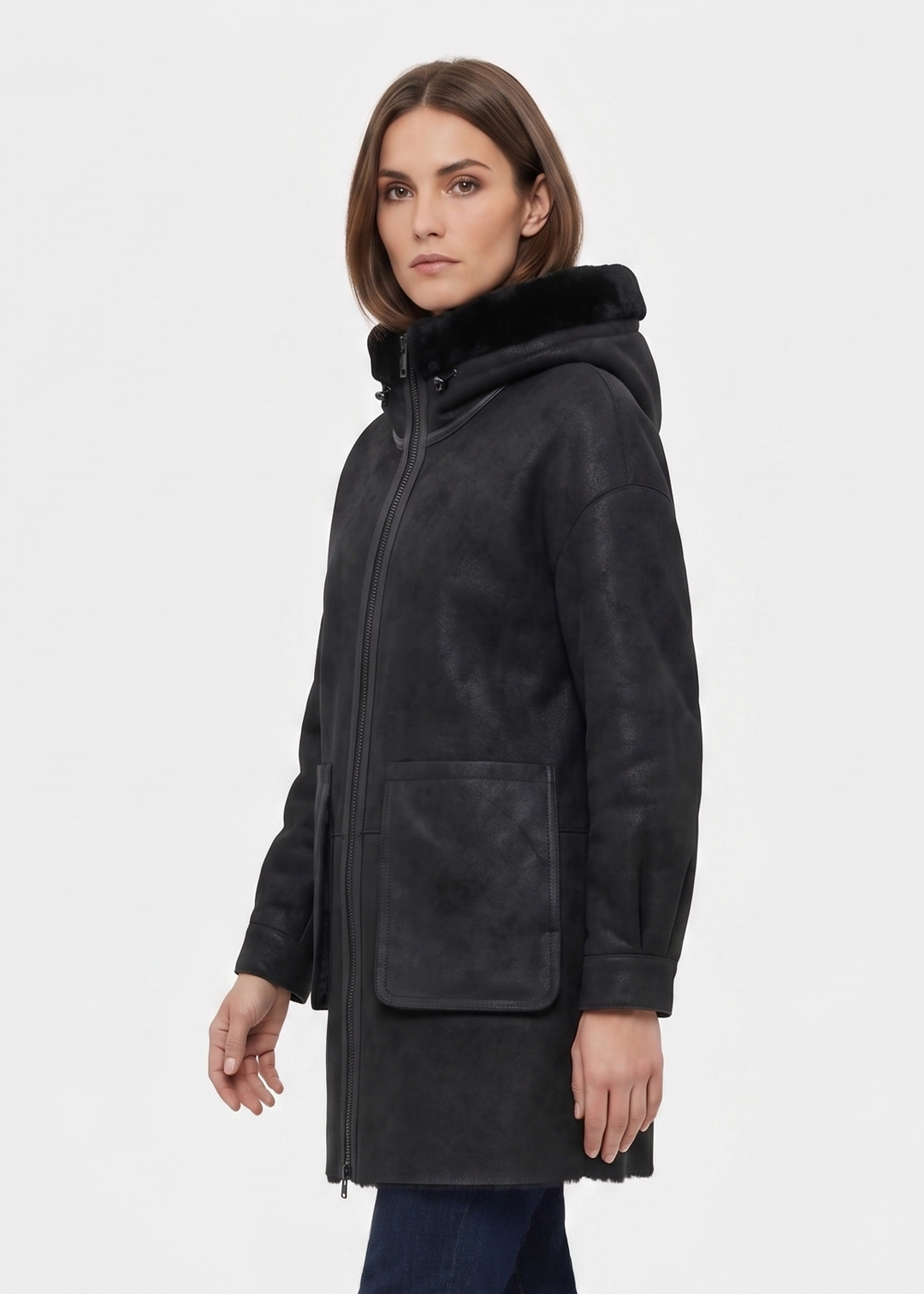 Gavina, 84 cm. - Kapuze – Nappa-Lamm – Damen – Schwarz