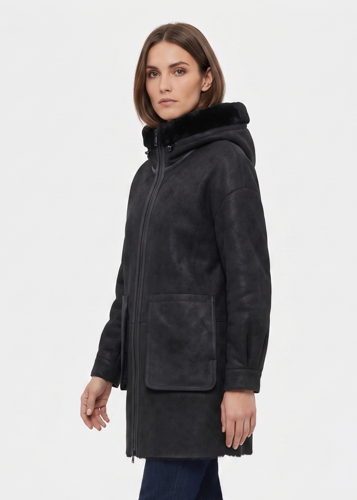 Gavina, 84 cm. - Kapuze – Nappa-Lamm – Damen – Schwarz