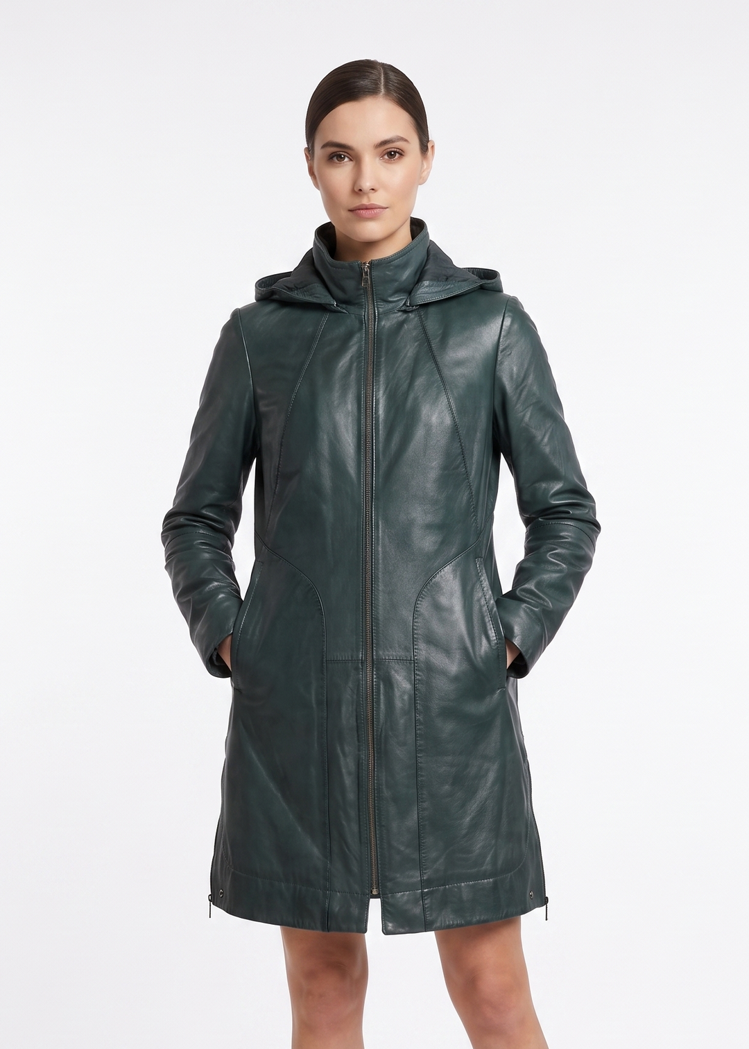 Aliana, 85 cm. - Capuchon - Lam Malli Leer - Dames - Kopergroen