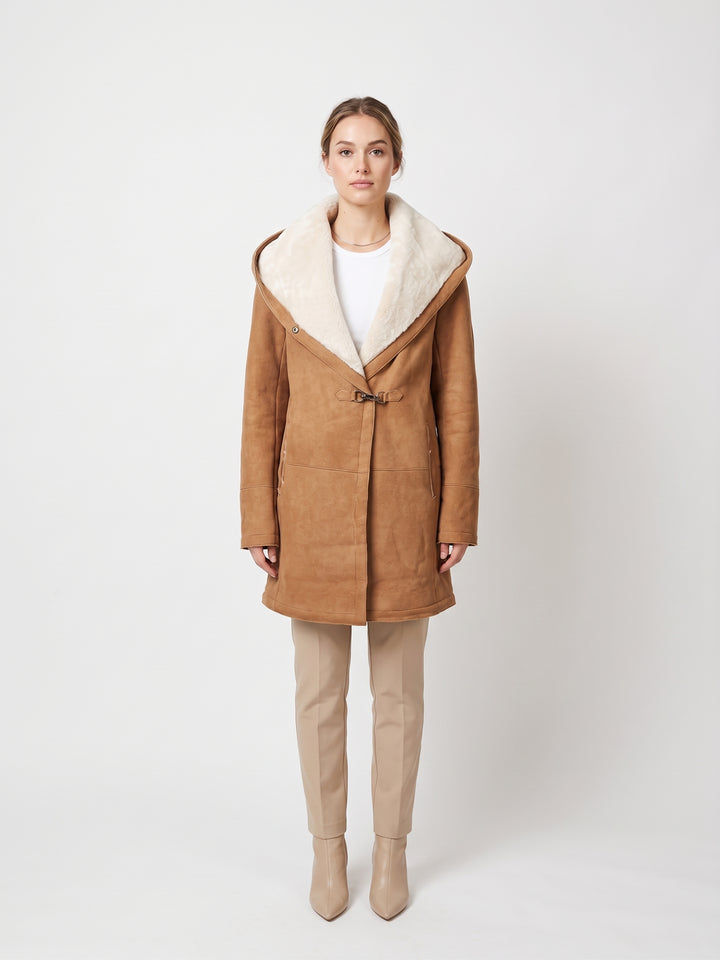969, 90 cm. - Huva - Lammjacka i mocka - Dam - Cognac