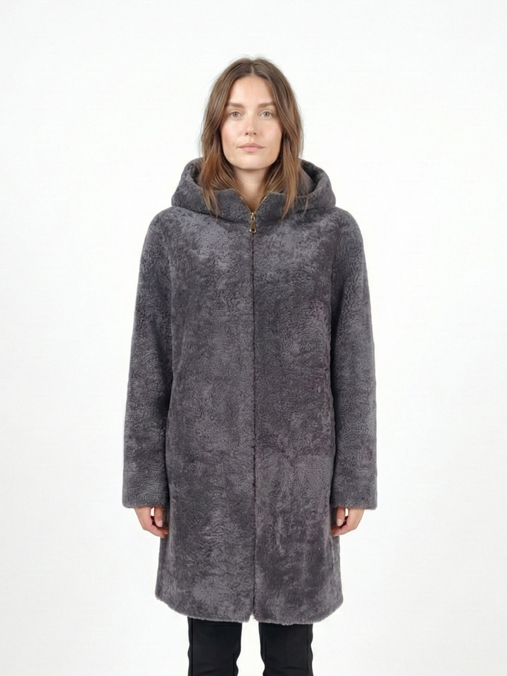 Delaney, 87 cm. - Hood - Curly Lamb - Women - Seegred Grey