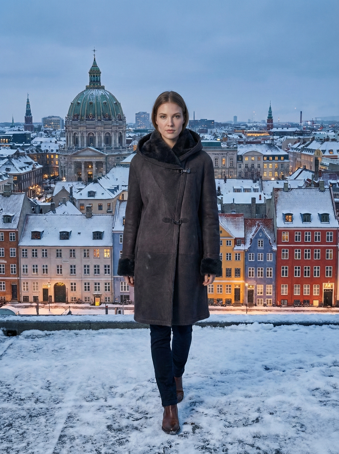 969, 90 cm. - Hætte - Ruskindslam - Damer - Mørkebrun