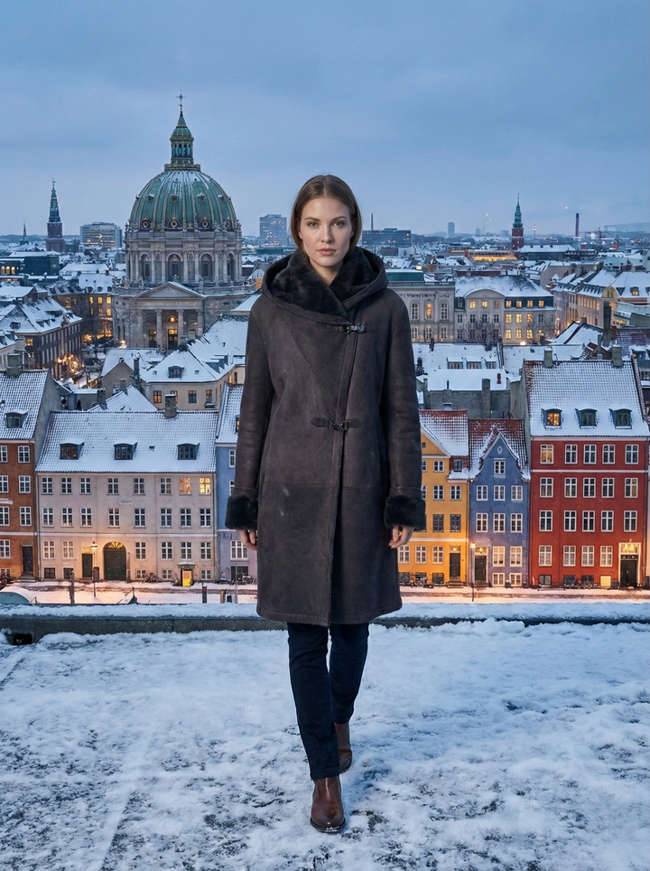 969, 90 cm. - Hætte - Ruskindslam - Damer - Mørkebrun