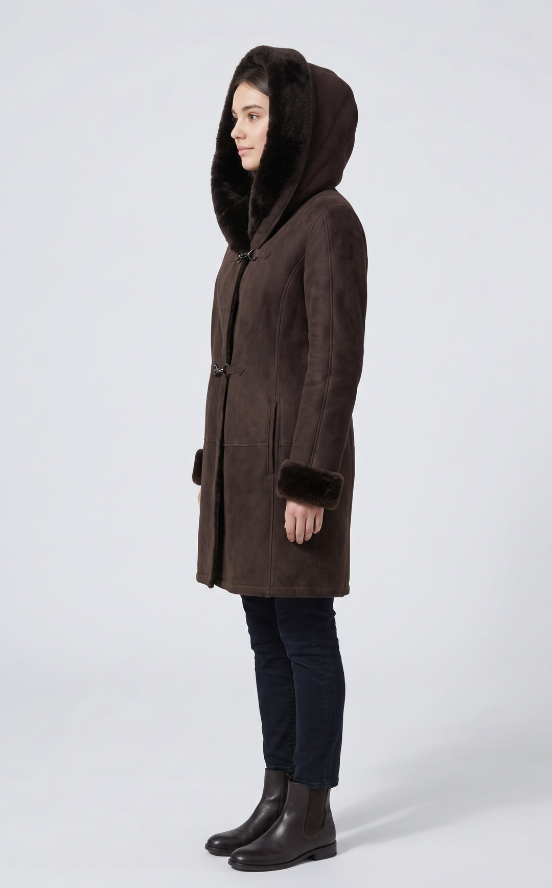969,90cm. - Cappuccio - Agnello scamosciato - Donna - Marrone scuro