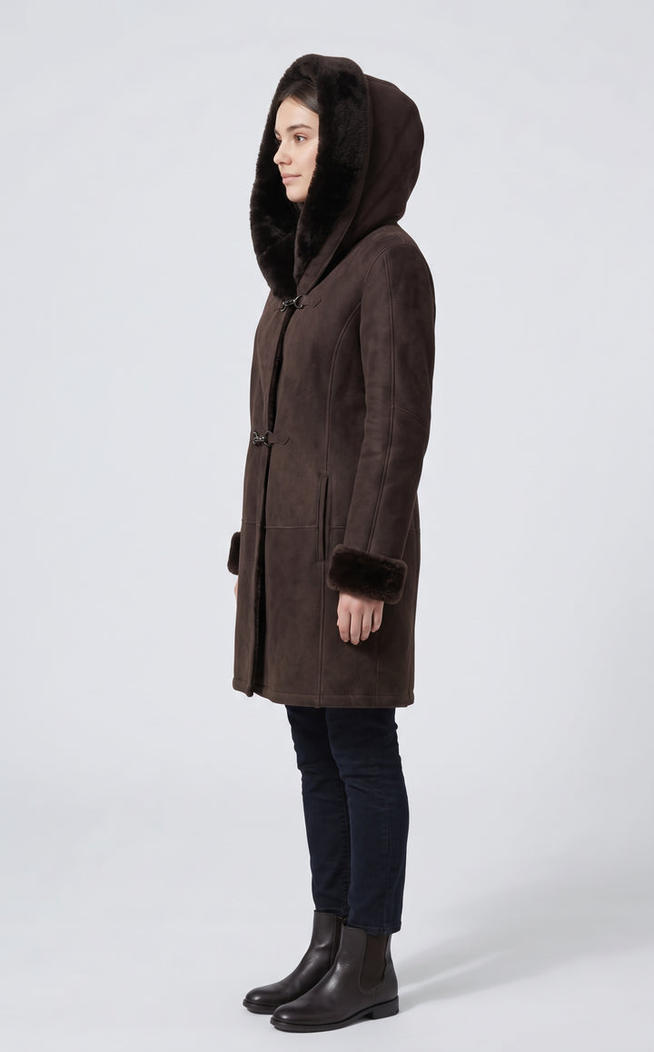 969,90cm. - Cappuccio - Agnello scamosciato - Donna - Marrone scuro