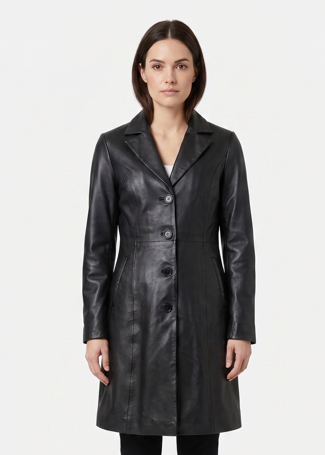 Woman wearing a black leather coat on a white background