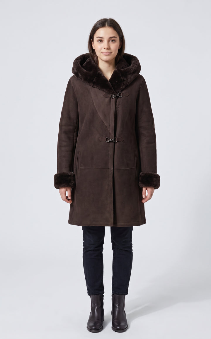 969,90cm. - Cappuccio - Agnello scamosciato - Donna - Marrone scuro