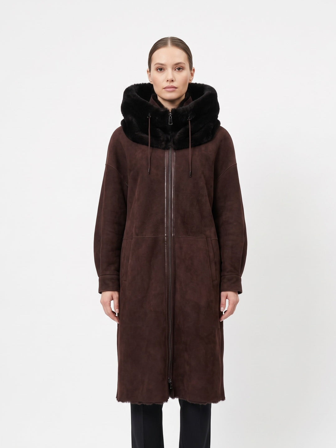 New Gabiana, 108 cm. - Hood Suede Lamb - Women Dark Brown