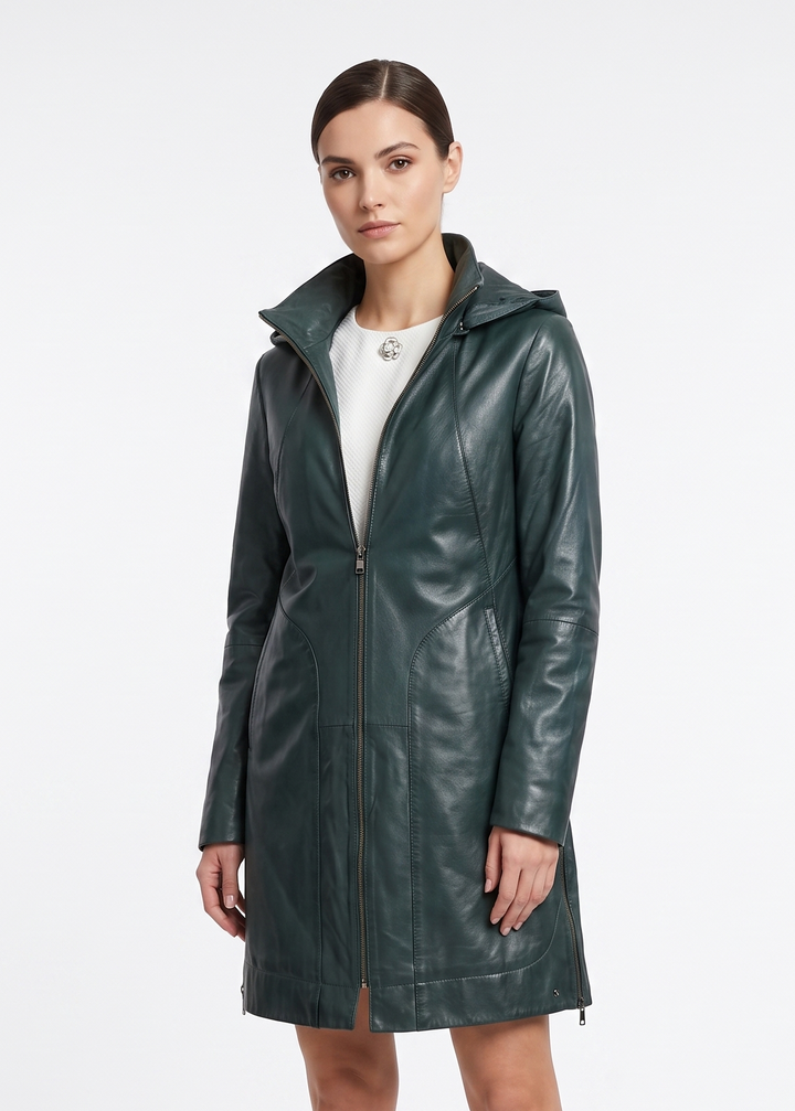 Aliana, 85 cm. - Capuchon - Lam Malli Leer - Dames - Kopergroen