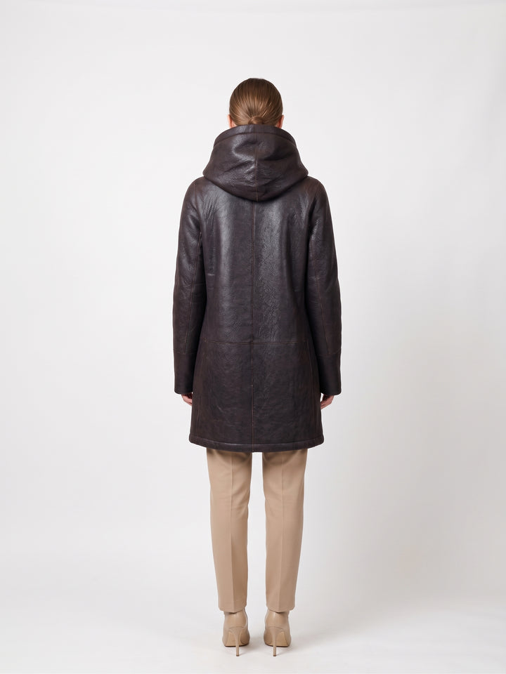969, 90 cm. - Kapuze - Nappa Lamb Crack - Damen - Braun / Lamme Pels - Levinsky - Kvinde