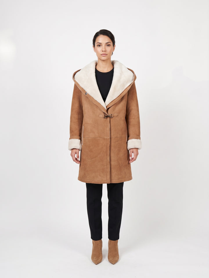 969, 90 cm. - Capuchon - Suède jas van lamsschapen - Dames - Cognac