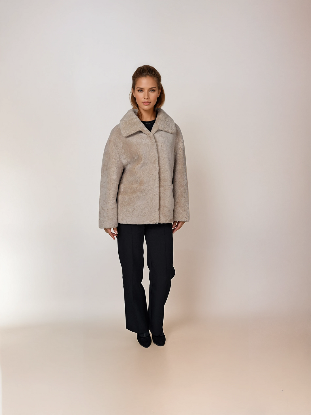 Irene, 65 cm. - Collar - Curly Lamb - Women - Dark Beige