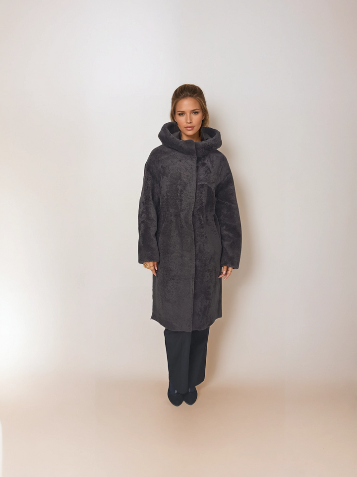 Iluka, 100 cm. - Kapuze - Curly Lamb - Damen - Kaffee