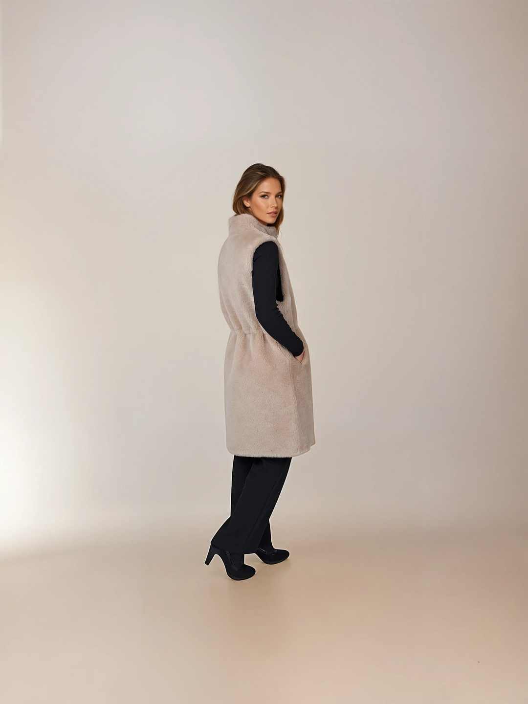 Galatee-Weste, 92 cm. - Kragen - Air Wool - Damen - Helles Kamel