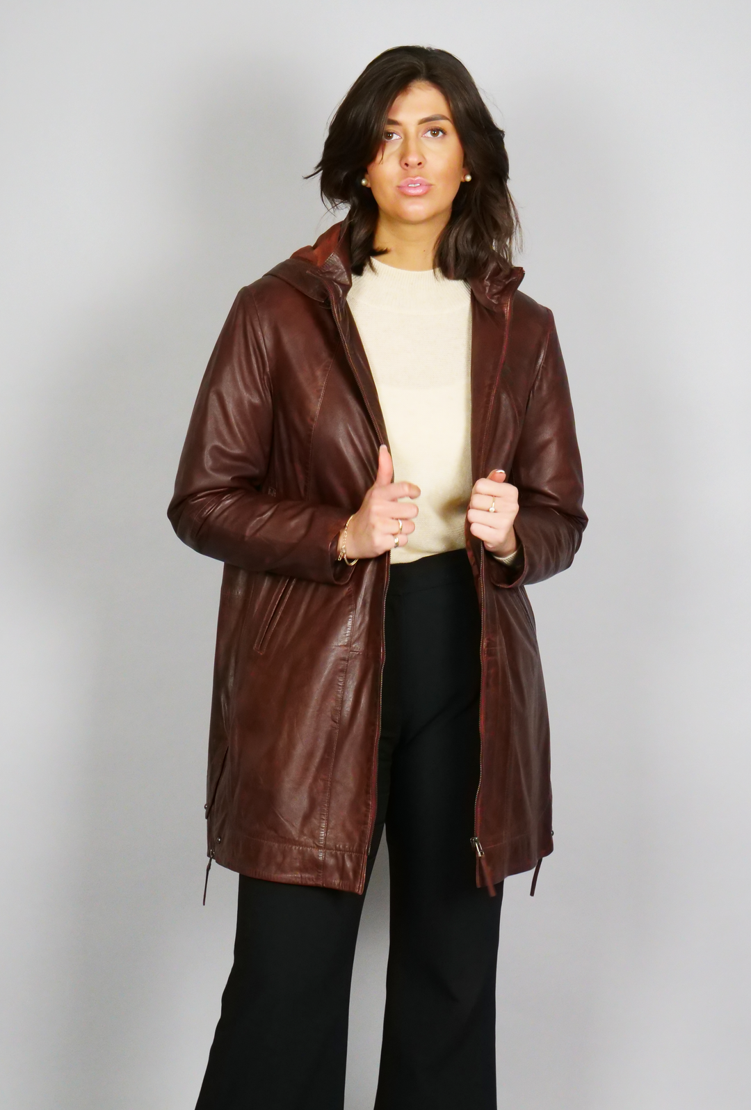 Aliana - Leather jacket with hood - Women - Copper Brown