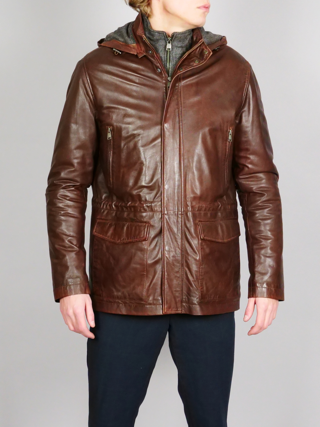 Gassa, 80 cm. - Leather jacket with hood - Man - Copper Brown