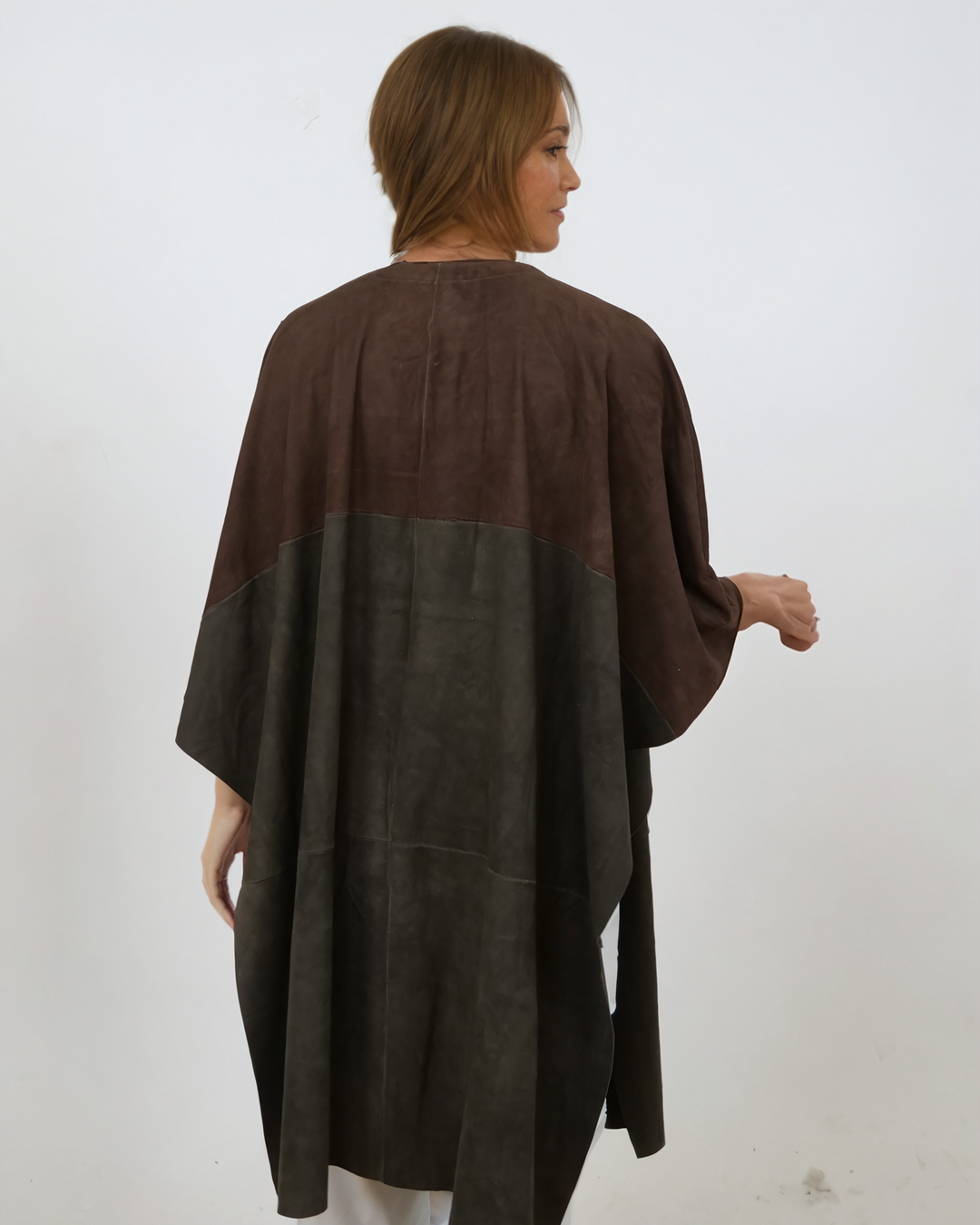 Inna Poncho, 95 cm. - Goat Suede - Women - Brown & Olive