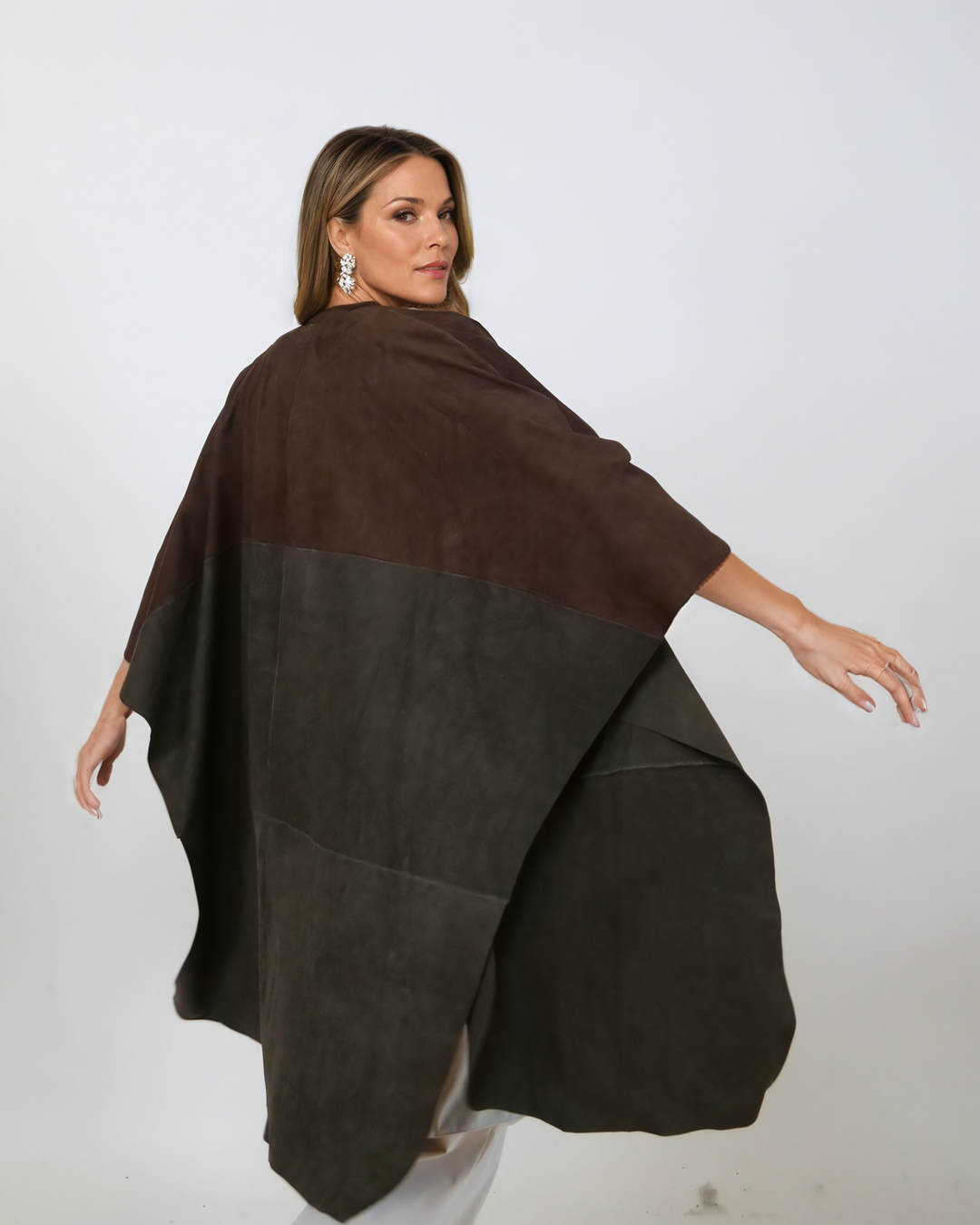 Inna Poncho, 95 cm. - Goat Suede - Women - Brown & Olive