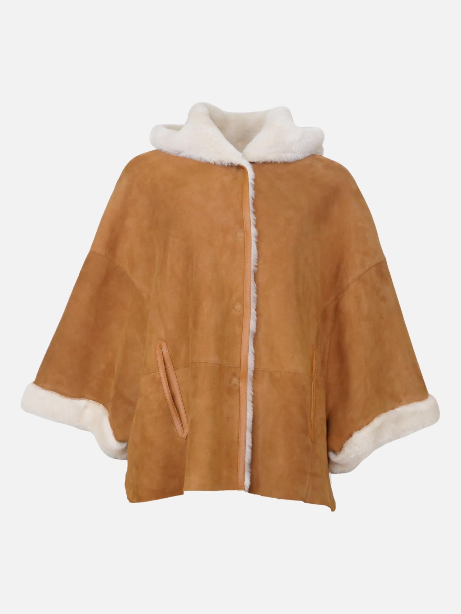 Halloy 70 cm. Suede Lamb Poncho Jacket Women Cognac