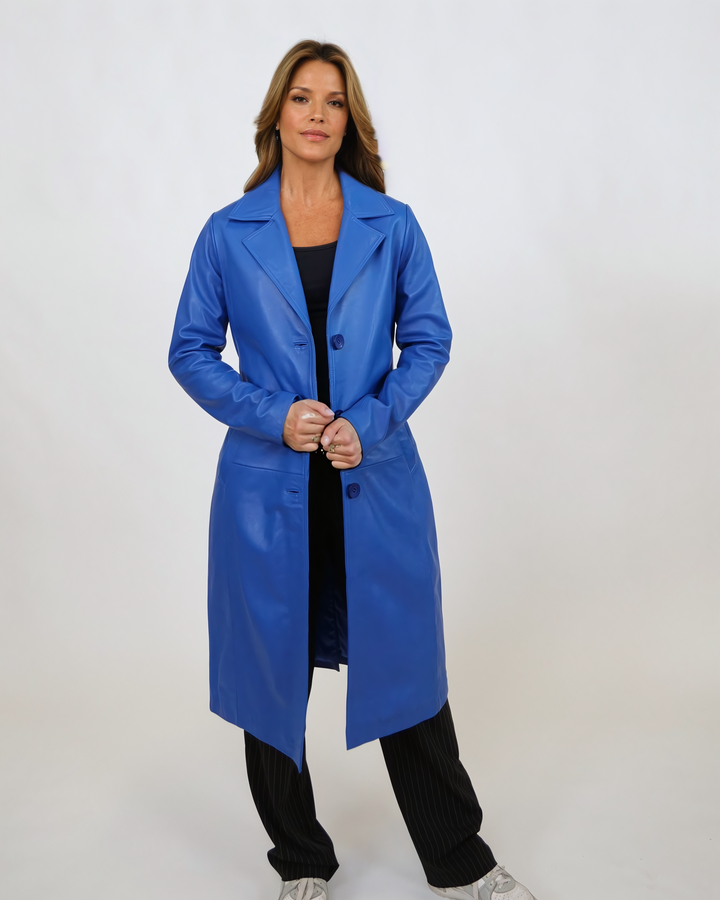 Dan Trench Coat, 105 cm. - Lamb Leather - Women - Electric Blue