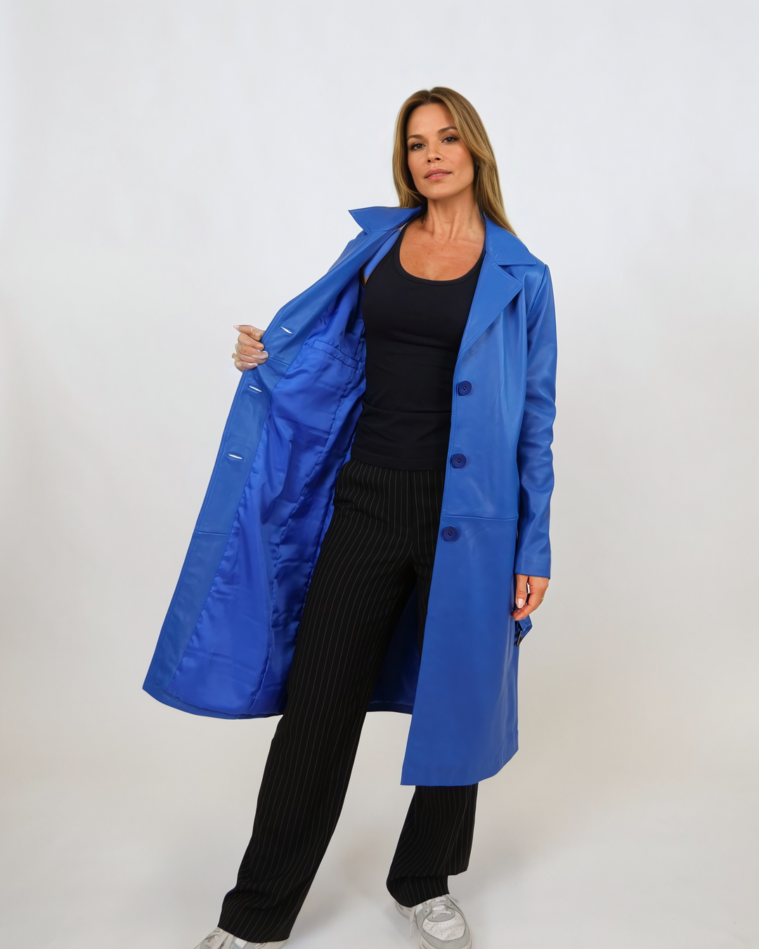 Dan Trench Coat, 105 cm. - Lamb Leather - Women - Electric Blue