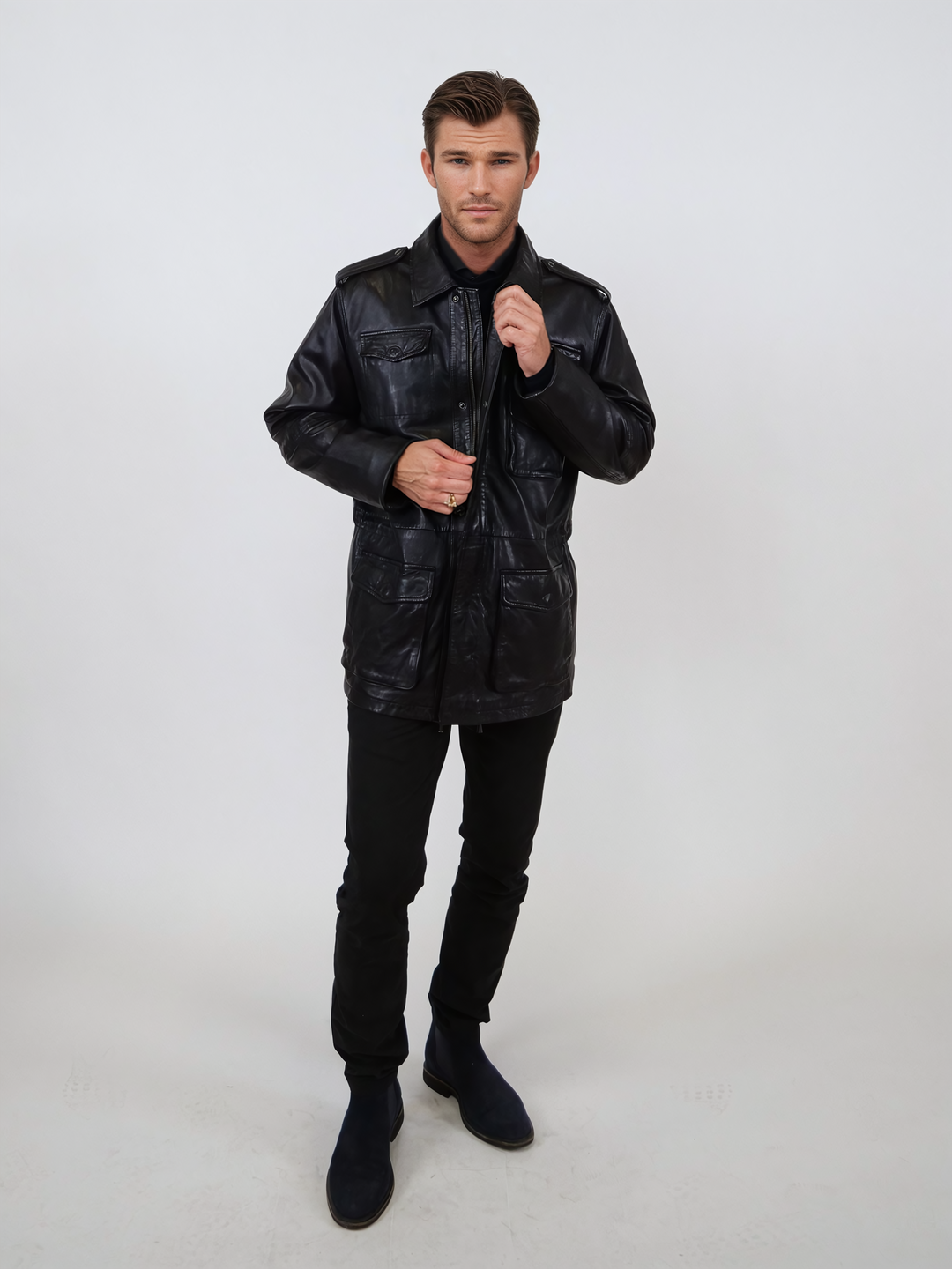 Owen, 77 cm. - Collar - Lamb Washed Leather - Man - Black