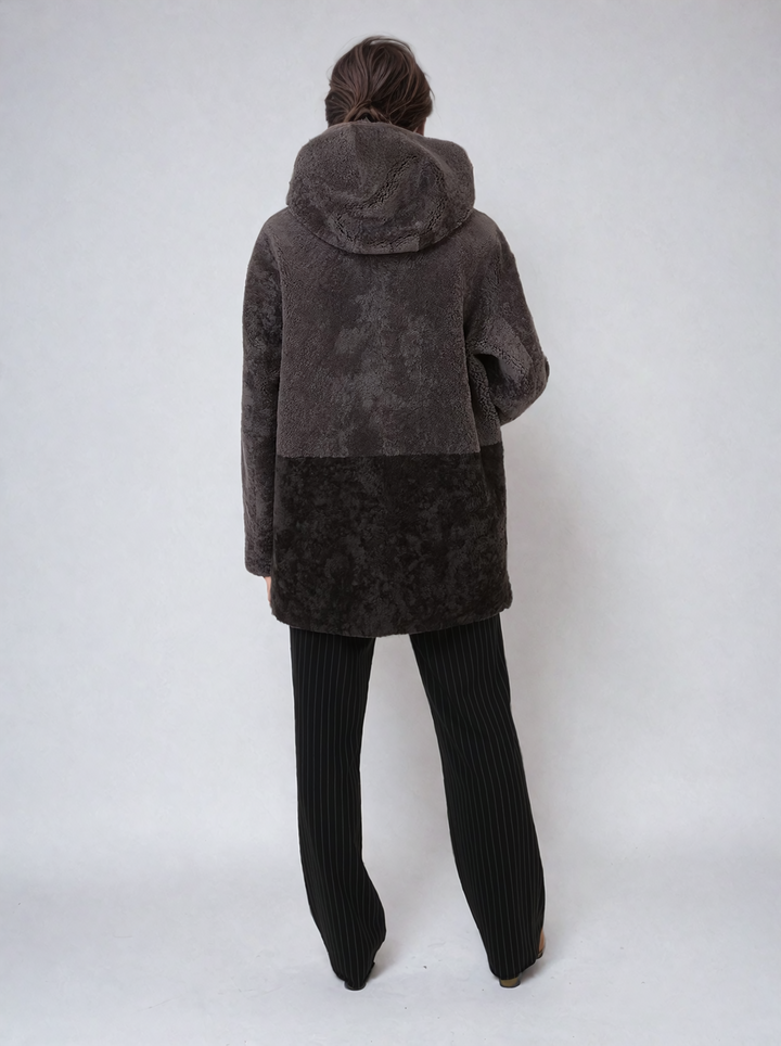 Helena, 75 cm. - Hood - Curly Lamb - Women - Taupe & Coffee