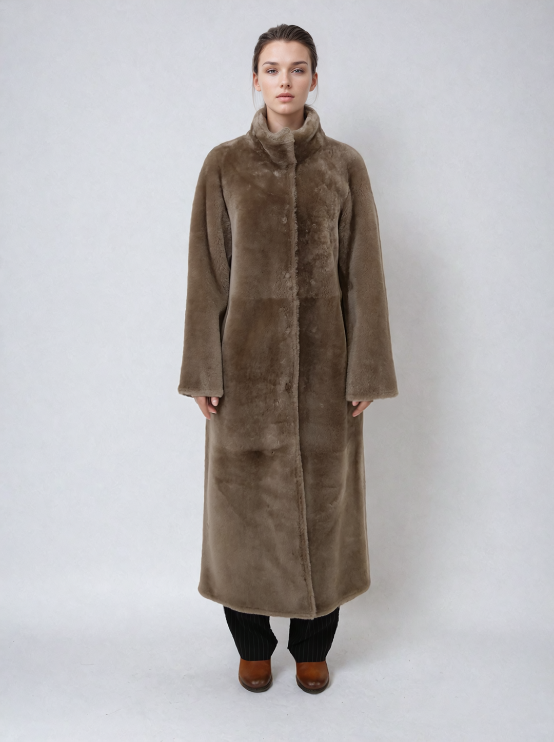 Flora, 125 cm. - Collar - Suede Lamb - Women shearling coat - Dark Oak