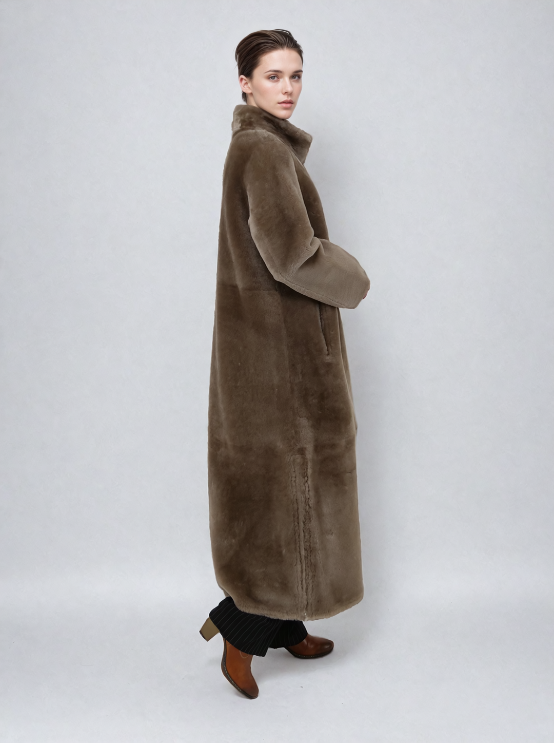 Flora, 125 cm. - Collar - Suede Lamb - Women shearling coat - Dark Oak