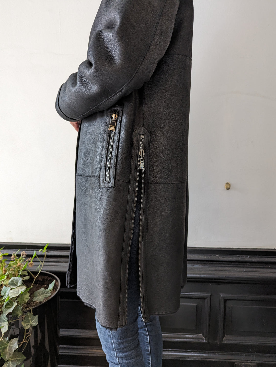 Giorgiana, 95 cm. - Collar - Shearling lamb jacket -Women - Black