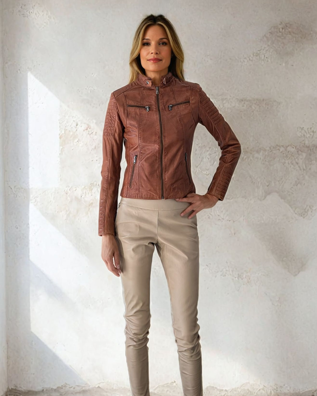 Scooty Lamb Polish Nappa Leather jacket Women Dark Tan