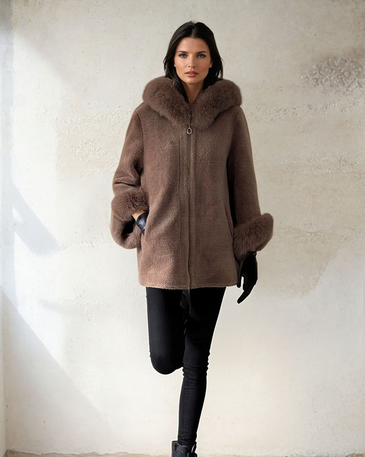 Franciane, 78 cm. - Kapuze - Air 100 % Wolljacke - Damen - Kastanienbraun