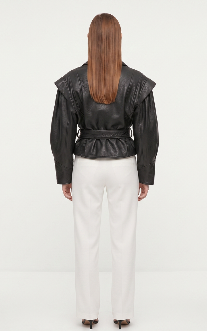 Black Mia Belted Leather Jacket - Women